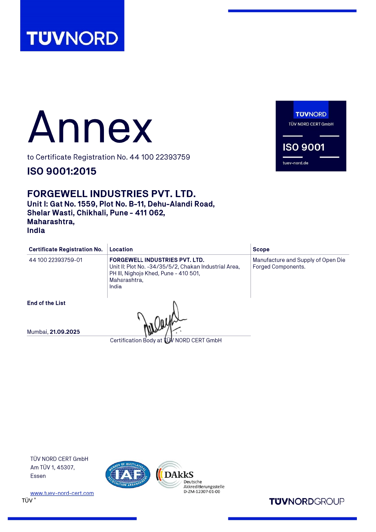 Forgewell Industries ISO 9001:2015 Certificate by TUV NORD